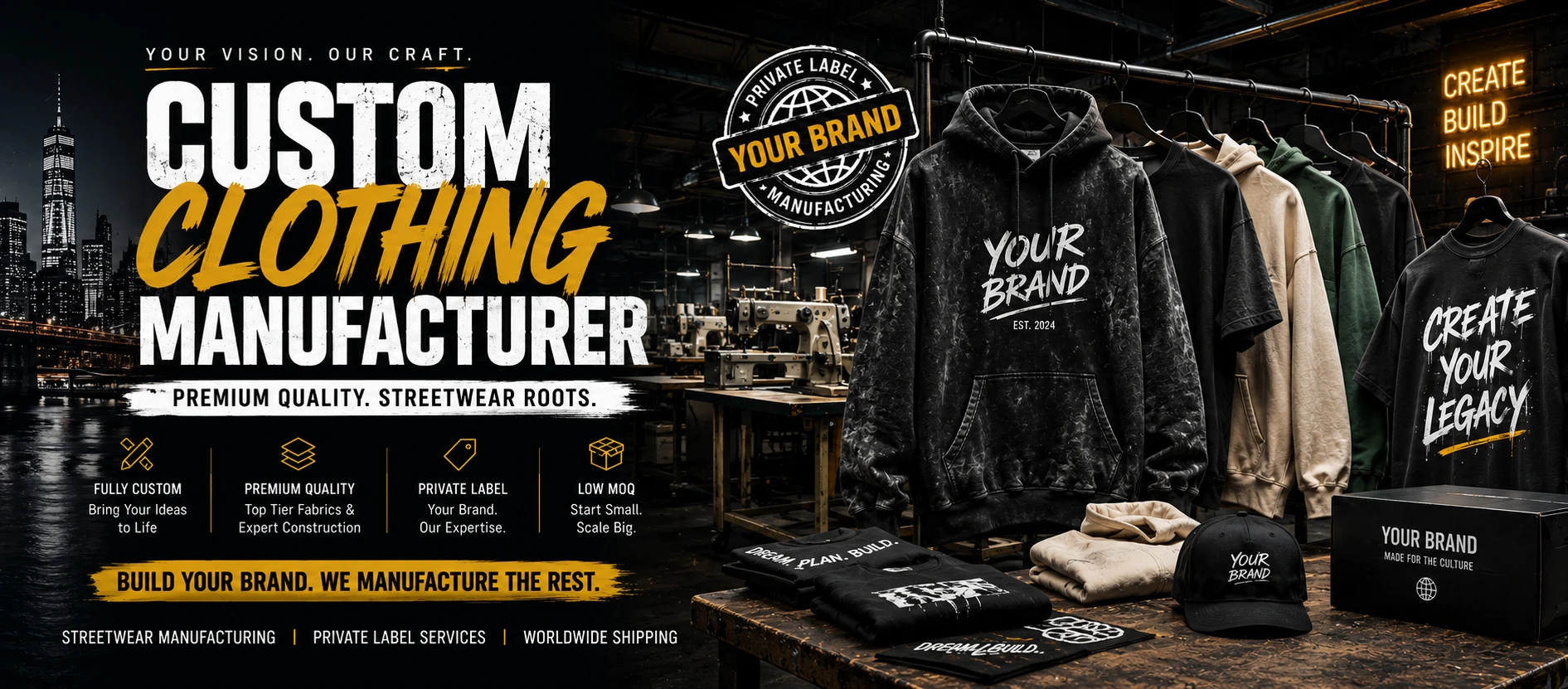 Streetwear Factory — custom clothing manufacturer. Premium quality with streetwear roots: fully custom, top-tier fabrics, private label and low minimum order quantities. Streetwear manufacturing, private label services, worldwide shipping.