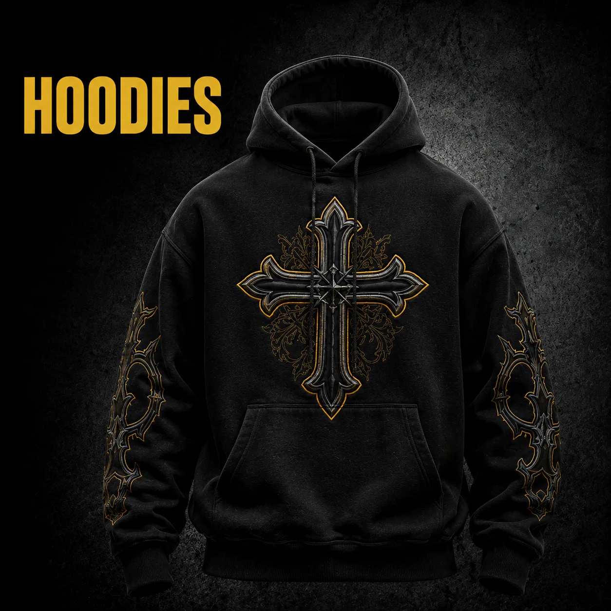 Custom black hoodie with a gold gothic cross print